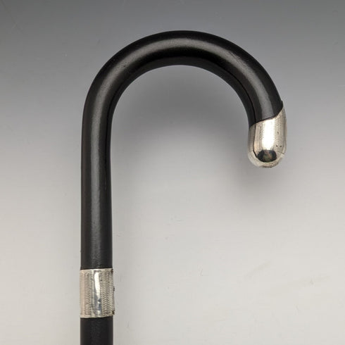 1930 British Vintage Men's Cane, Black Shaft, Sterling Silver Decorated Curved Handle, 92cm